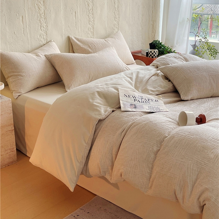 91家纺网 家纺一手货源 找家纺 琪格格纺织 2025新款复古简约棉麻轻奢大提花全棉加厚磨毛四件套 摩卡-本色麻