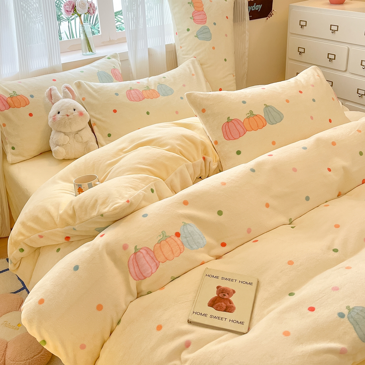 91家纺网 家纺一手货源 找家纺 慕澄家纺 2025新款小清新牛奶绒印花四件套 奶南瓜