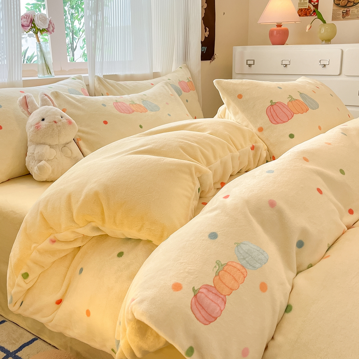 慕澄家纺 2025新款小清新牛奶绒印花四件套 奶南瓜