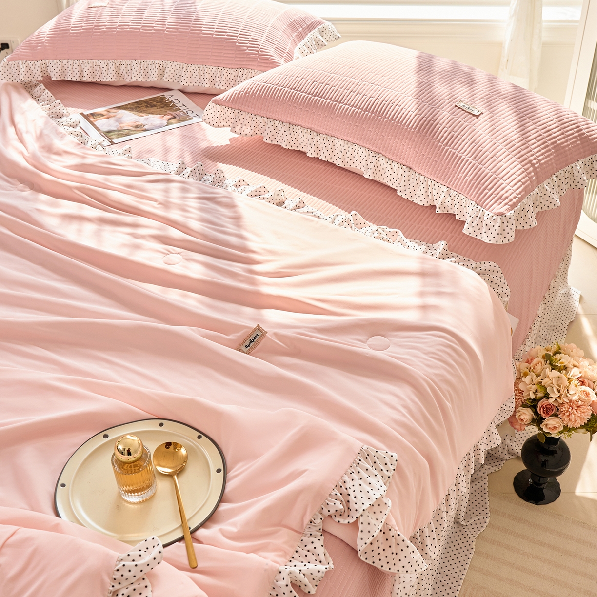 91家纺网 家纺一手货源 找家纺 优希家纺 2025新款芬妮夏被四件套 粉色