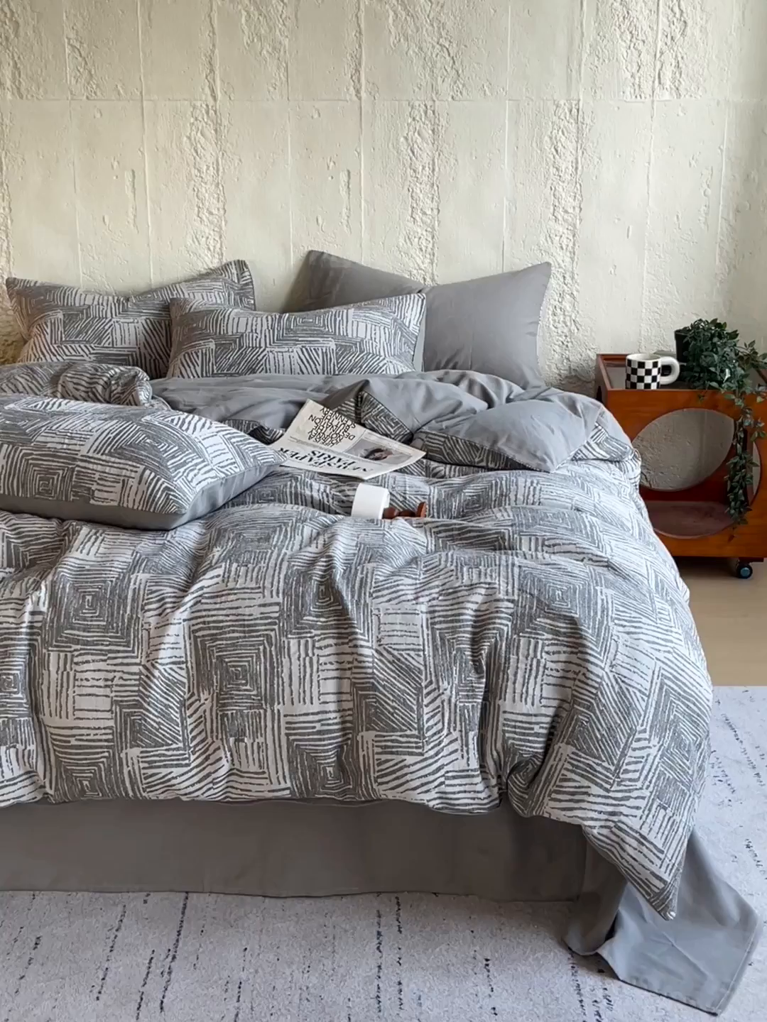 91家纺网 家纺一手货源 找家纺 琪格格纺织 2025新款复古简约棉麻轻奢大提花全棉加厚磨毛四件套 摩卡-灰