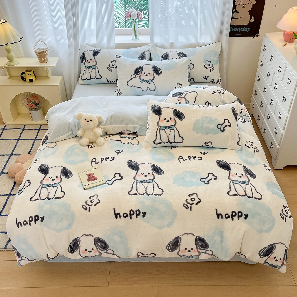 91家纺网 家纺一手货源 找家纺 慕澄家纺 2025新款小清新牛奶绒印花四件套 趣味狗