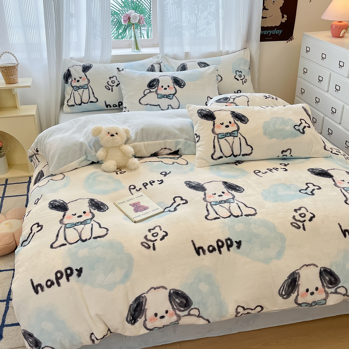 91家纺网 家纺一手货源 找家纺 慕澄家纺 2025新款小清新牛奶绒印花四件套 趣味狗