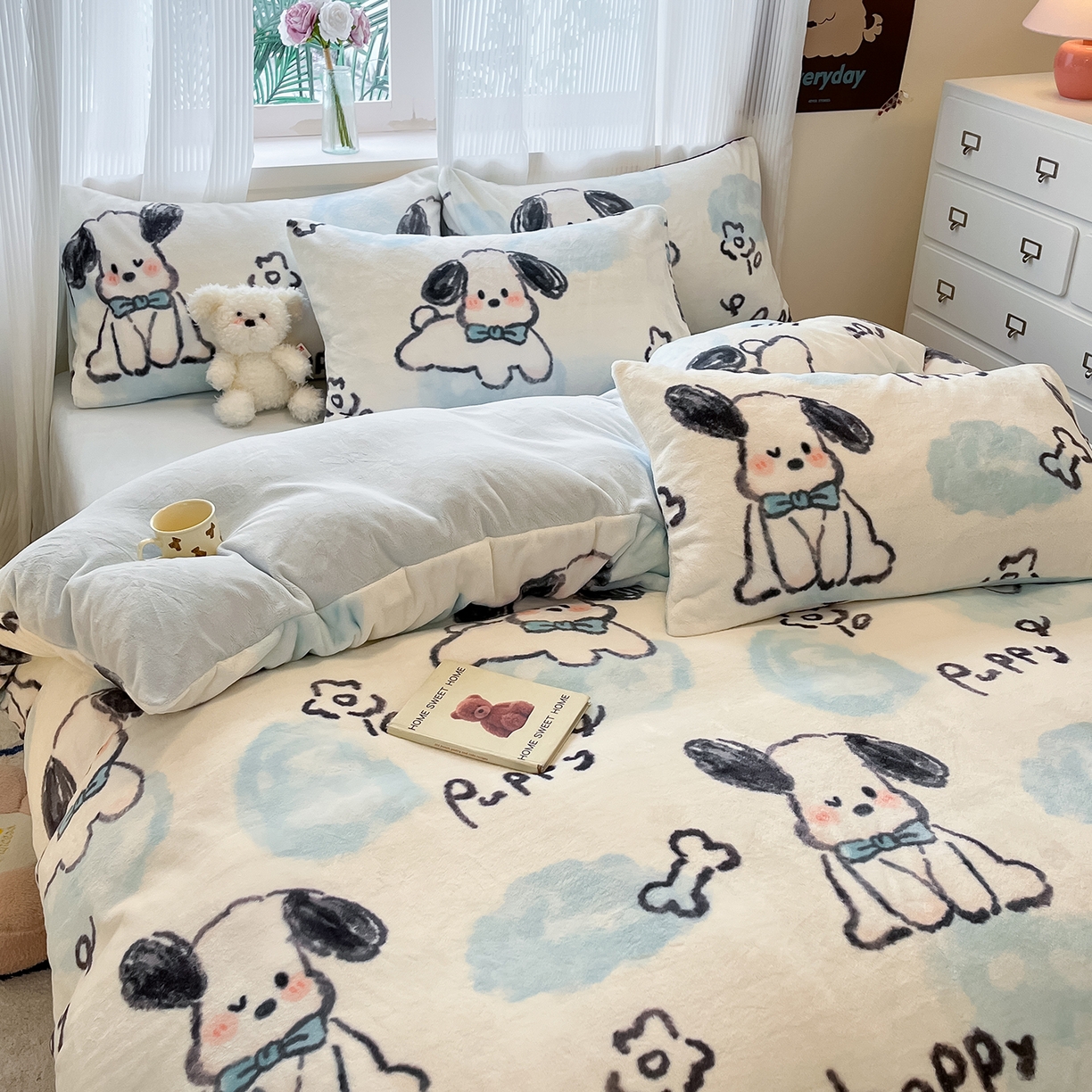 91家纺网 家纺一手货源 找家纺 慕澄家纺 2025新款小清新牛奶绒印花四件套 趣味狗