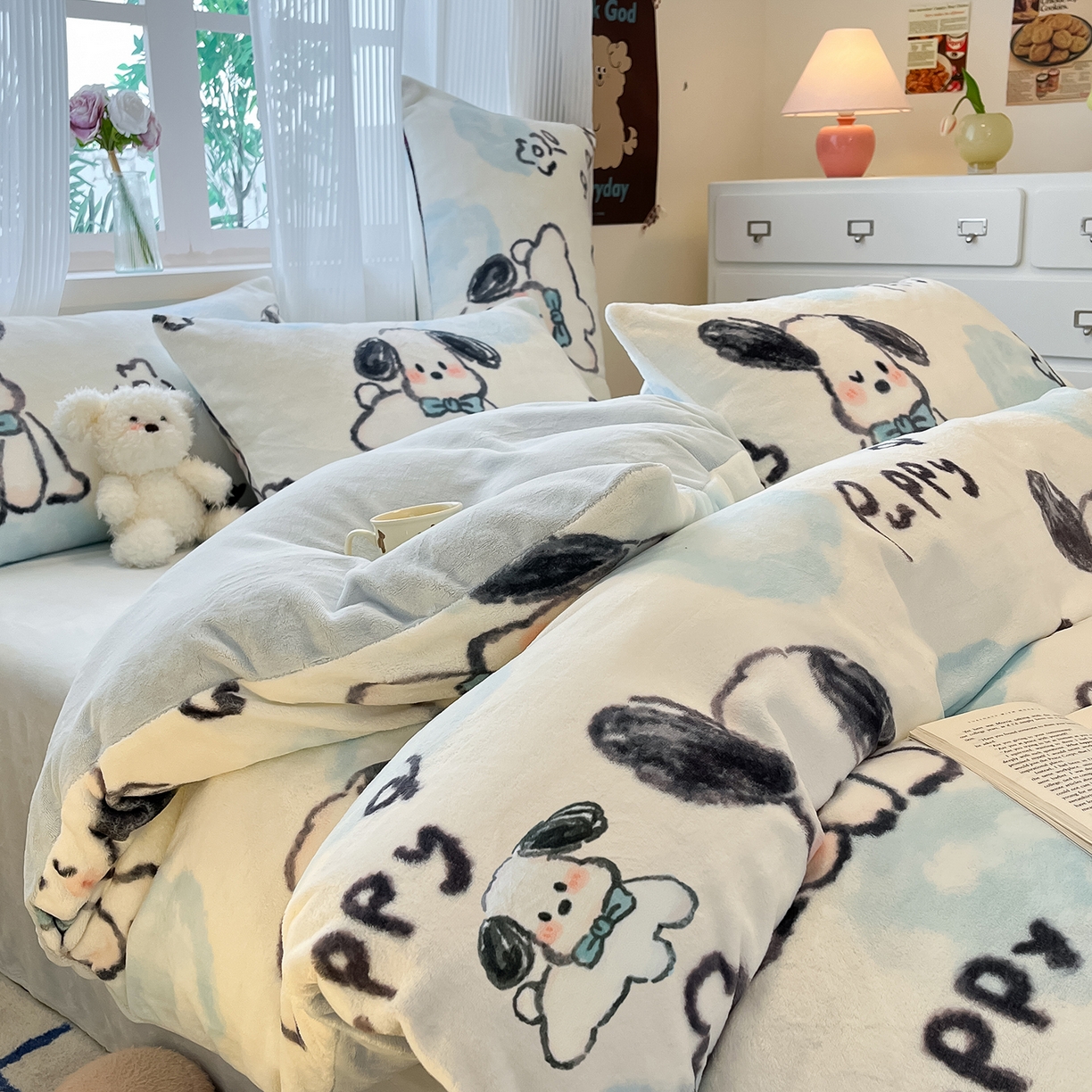 91家纺网 家纺一手货源 找家纺 慕澄家纺 2025新款小清新牛奶绒印花四件套 趣味狗