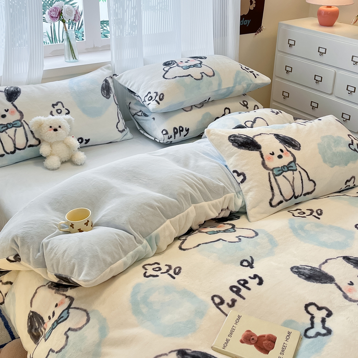 91家纺网 家纺一手货源 找家纺 慕澄家纺 2025新款小清新牛奶绒印花四件套 趣味狗