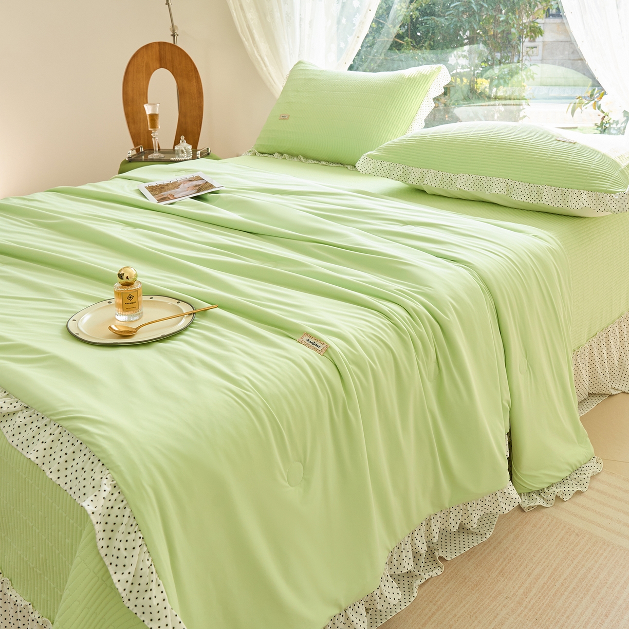 91家纺网 家纺一手货源 找家纺 优希家纺 2025新款芬妮夏被四件套 绿色
