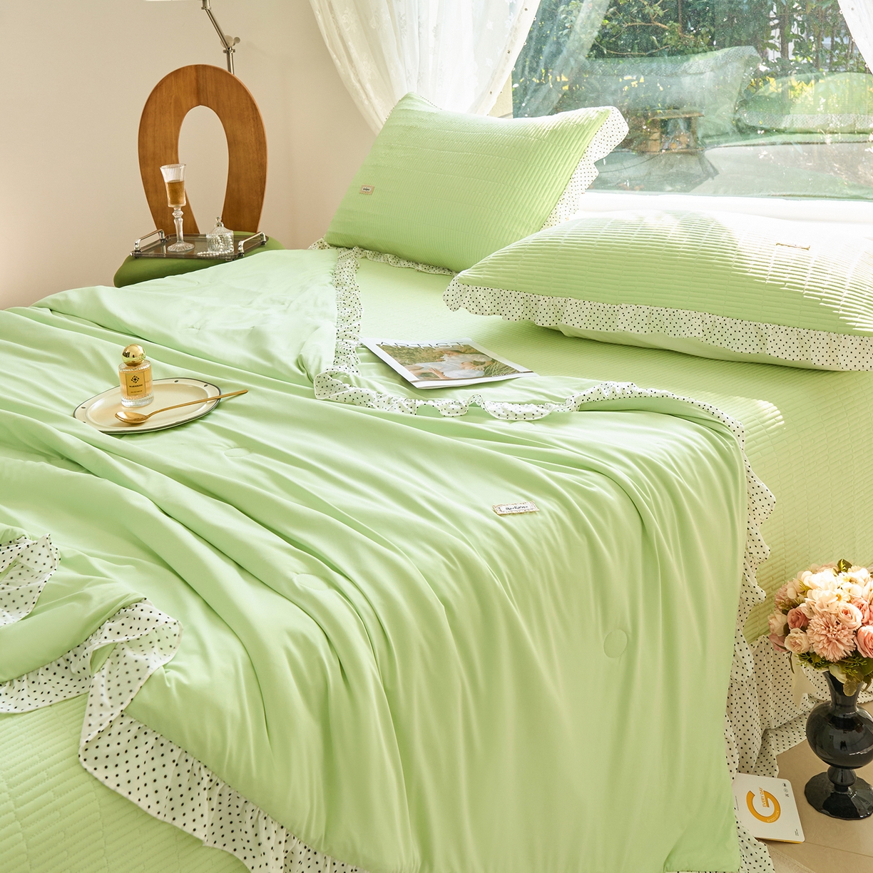 91家纺网 家纺一手货源 找家纺 优希家纺 2025新款芬妮夏被四件套 绿色