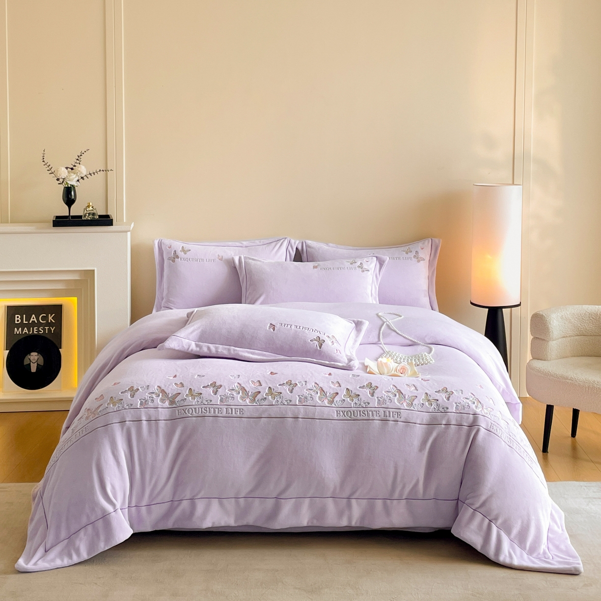 新方向 2025新款高克重240克A类全消光刺绣牛奶绒四件套-蝶舞 蝶舞-魅紫