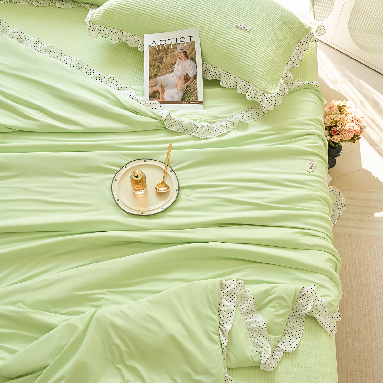 91家纺网 家纺一手货源 找家纺 优希家纺 2025新款芬妮夏被四件套 绿色