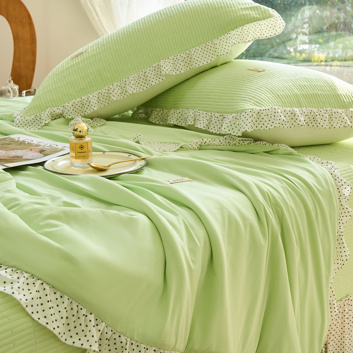 91家纺网 家纺一手货源 找家纺 优希家纺 2025新款芬妮夏被四件套 绿色