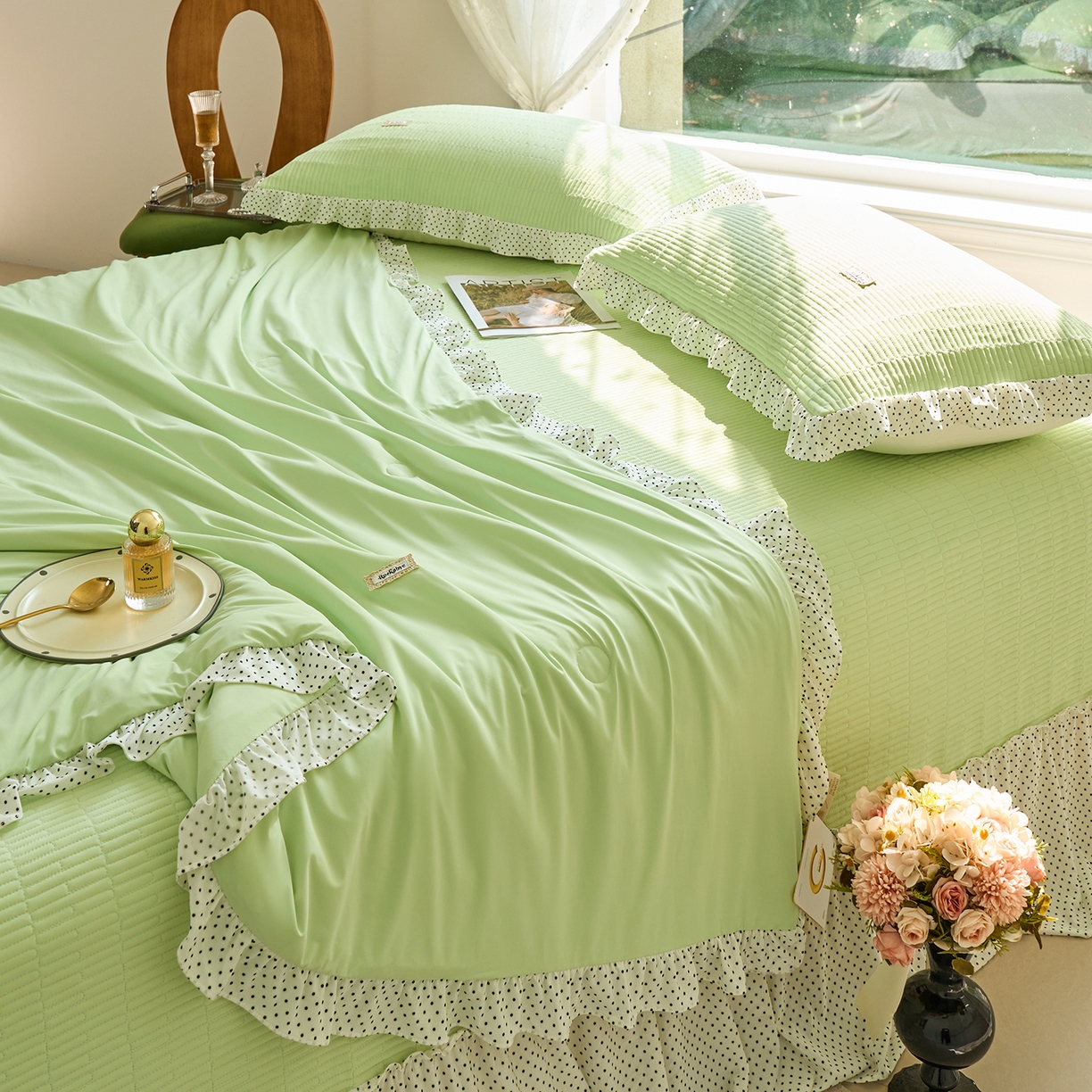 91家纺网 家纺一手货源 找家纺 优希家纺 2025新款芬妮夏被四件套 绿色