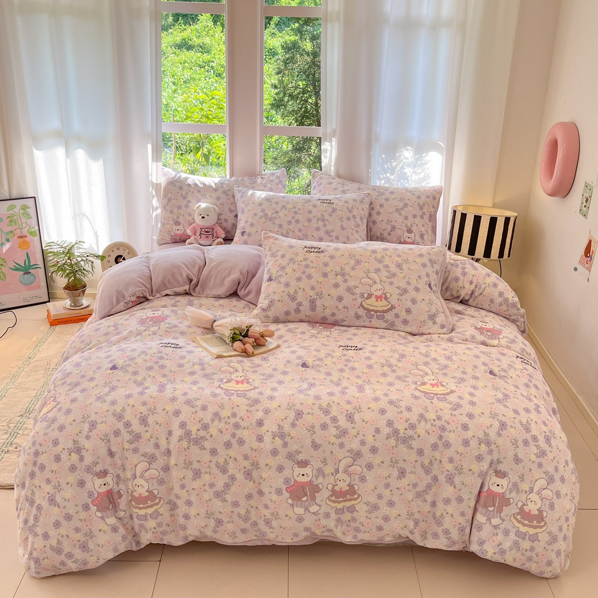 91家纺网 家纺一手货源 找家纺 慕澄家纺 2025新款小清新牛奶绒印花四件套 碎碎紫兔