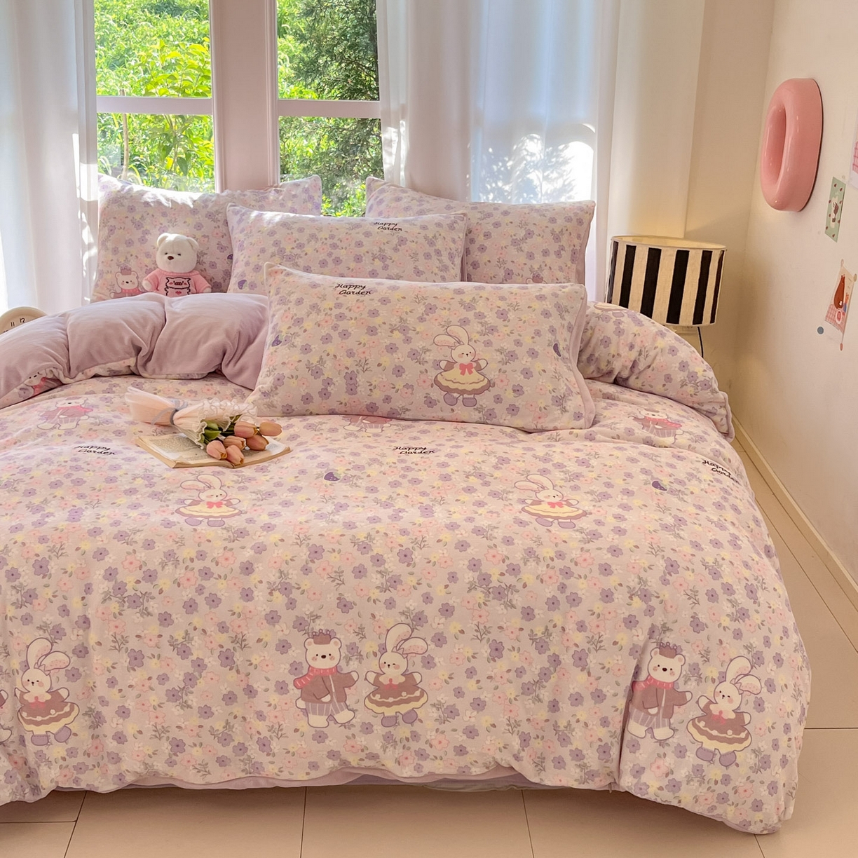 91家纺网 家纺一手货源 找家纺 慕澄家纺 2025新款小清新牛奶绒印花四件套 碎碎紫兔