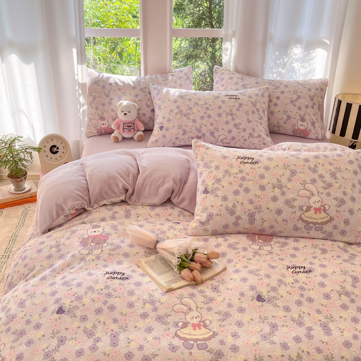 91家纺网 家纺一手货源 找家纺 慕澄家纺 2025新款小清新牛奶绒印花四件套 碎碎紫兔