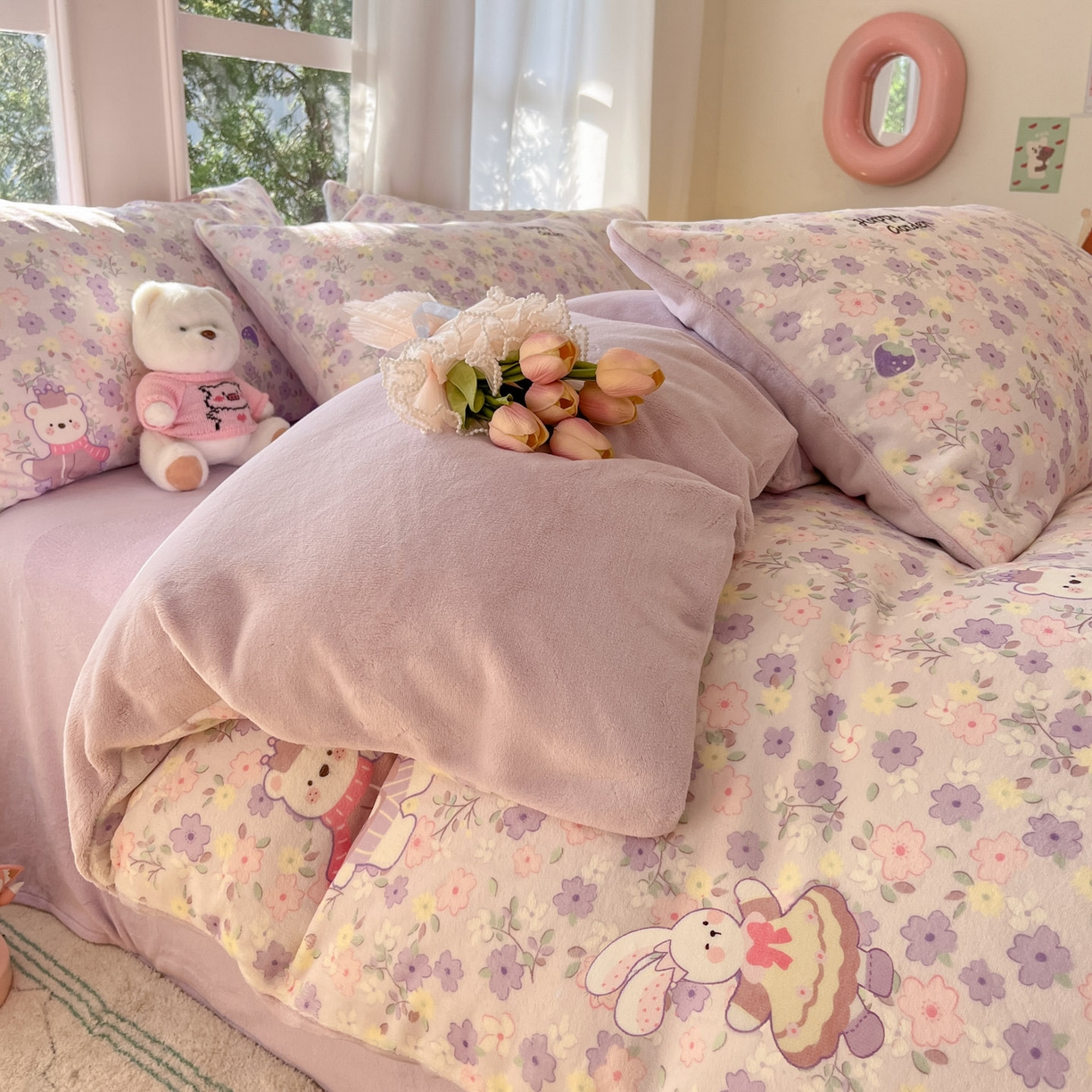 91家纺网 家纺一手货源 找家纺 慕澄家纺 2025新款小清新牛奶绒印花四件套 碎碎紫兔