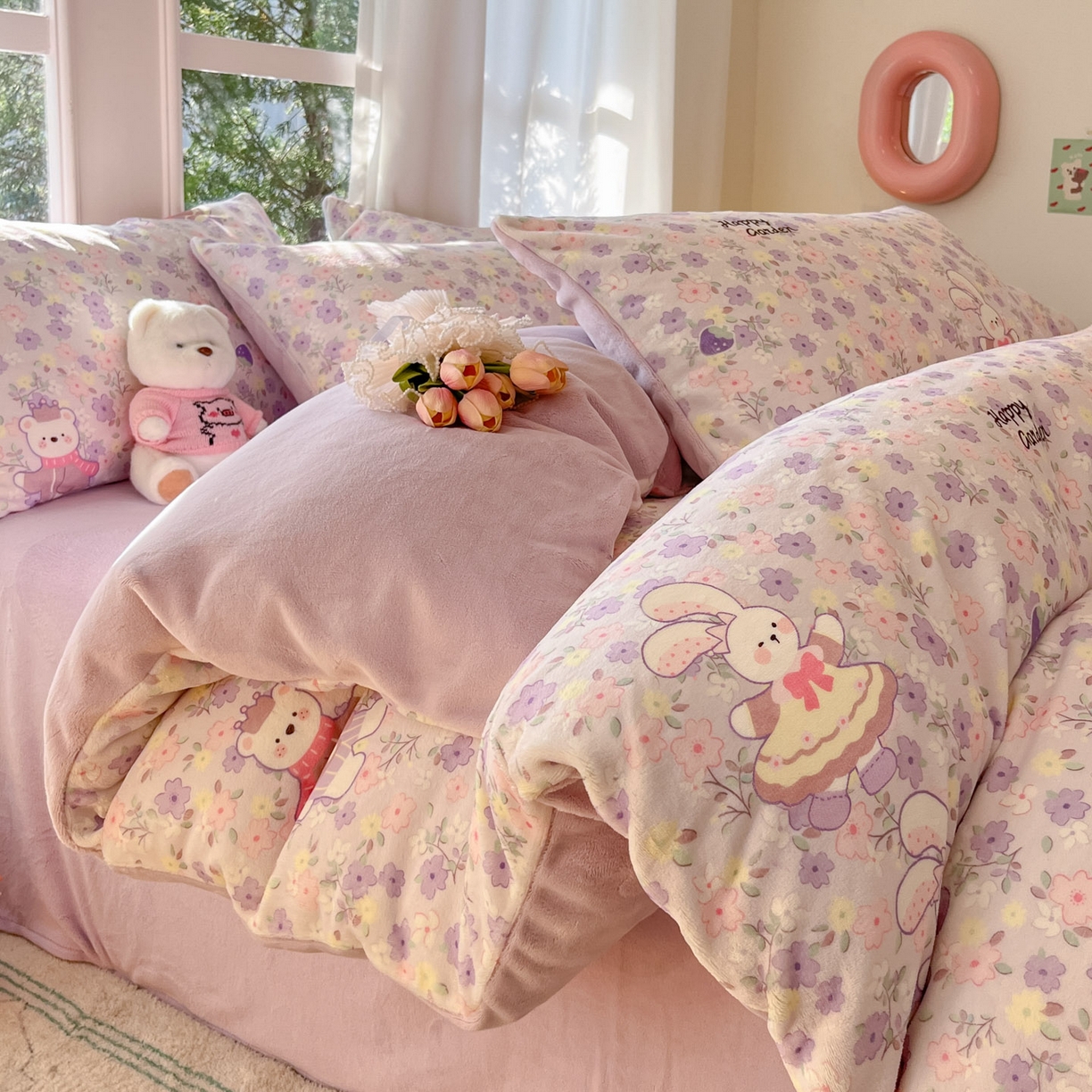 慕澄家纺 2025新款小清新牛奶绒印花四件套 碎碎紫兔