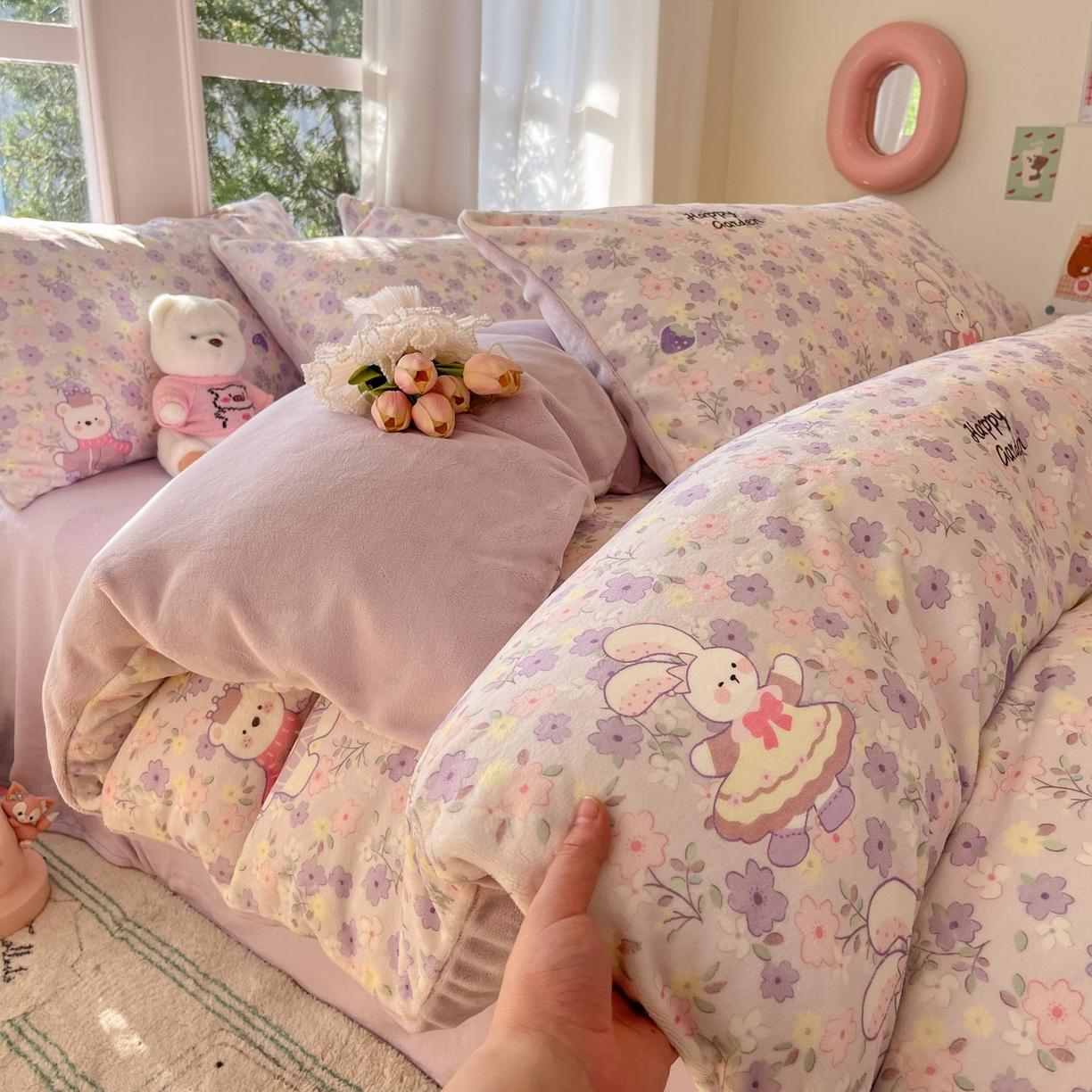 91家纺网 家纺一手货源 找家纺 慕澄家纺 2025新款小清新牛奶绒印花四件套 碎碎紫兔