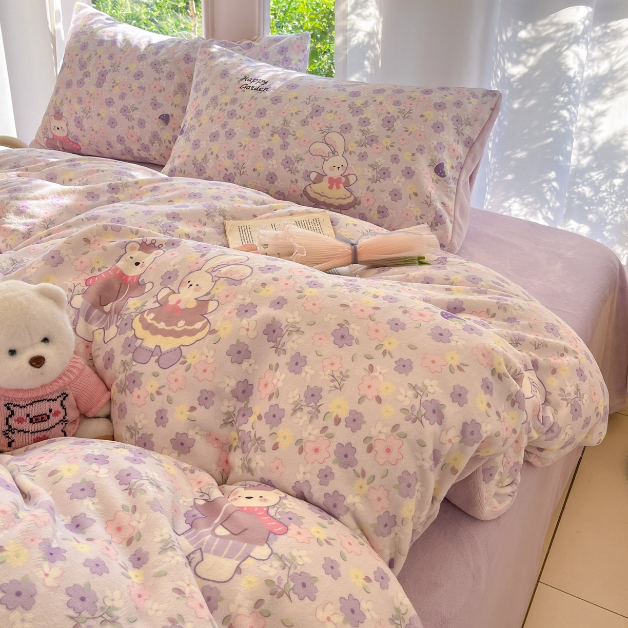 91家纺网 家纺一手货源 找家纺 慕澄家纺 2025新款小清新牛奶绒印花四件套 碎碎紫兔