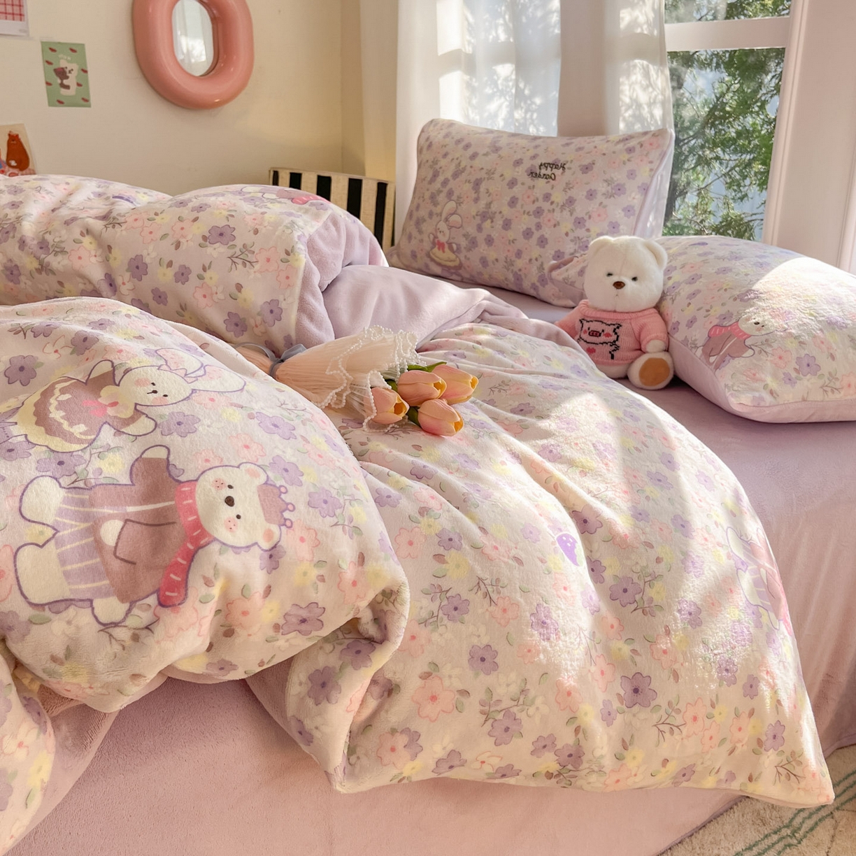 91家纺网 家纺一手货源 找家纺 慕澄家纺 2025新款小清新牛奶绒印花四件套 碎碎紫兔