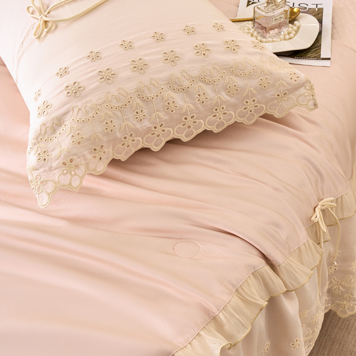 91家纺网 家纺一手货源 找家纺 优希家纺 2025新款安雅夏被床盖四件套 粉色