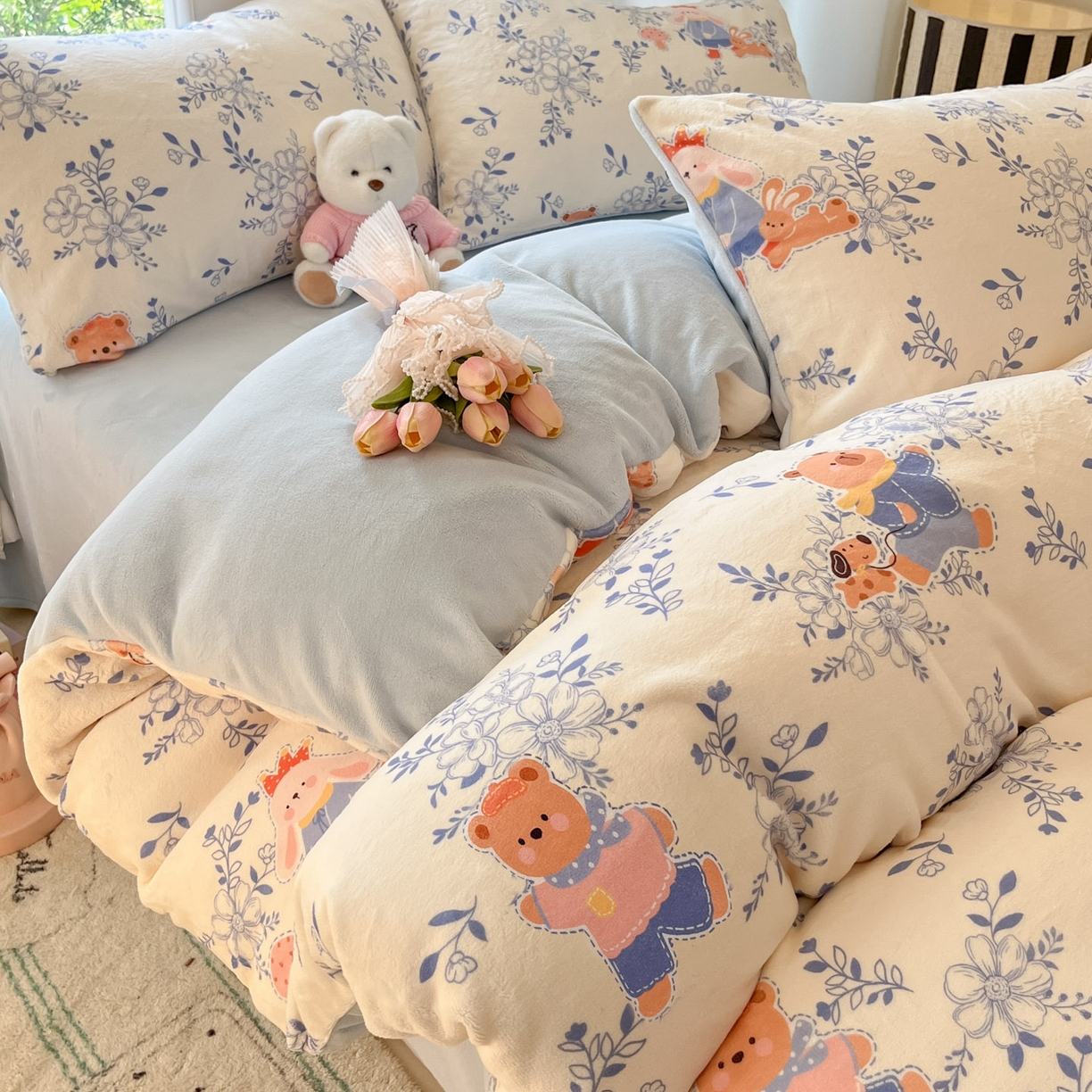 91家纺网 家纺一手货源 找家纺 慕澄家纺 2025新款小清新牛奶绒印花四件套 小美好