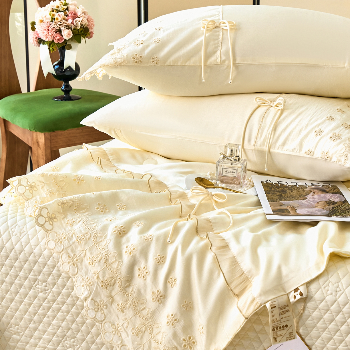 91家纺网 家纺一手货源 找家纺 优希家纺 2025新款安雅夏被床盖四件套 黄色