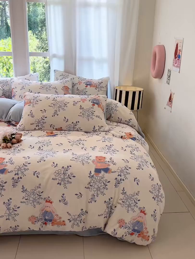 91家纺网 家纺一手货源 找家纺 慕澄家纺 2025新款小清新牛奶绒印花四件套 小美好