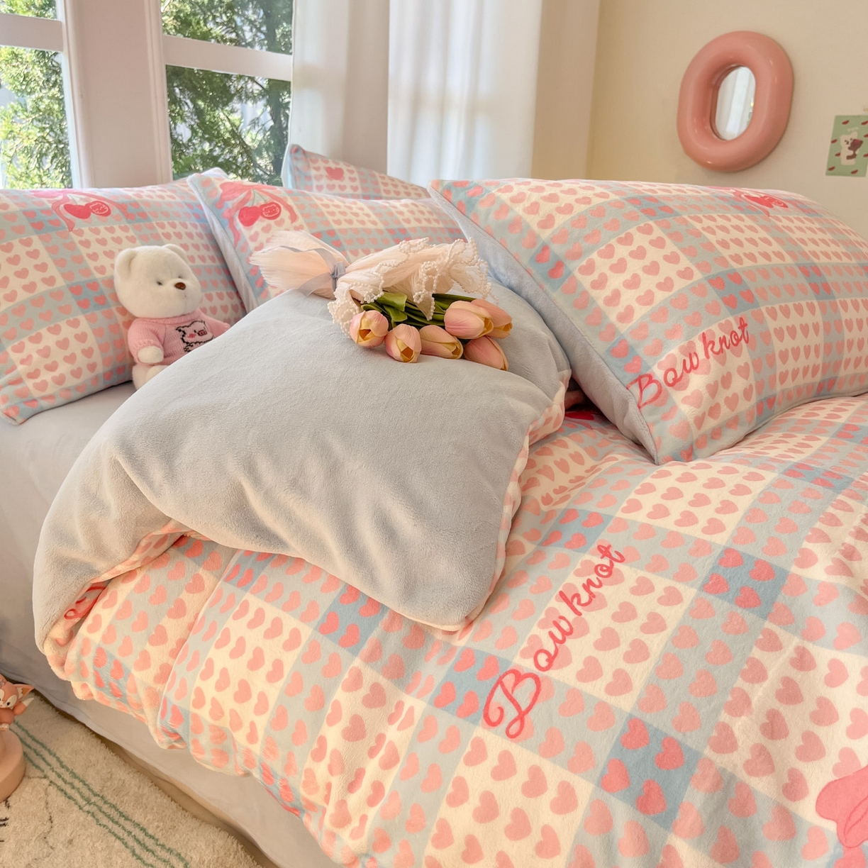 91家纺网 家纺一手货源 找家纺 慕澄家纺 2025新款小清新牛奶绒印花四件套 心心相印