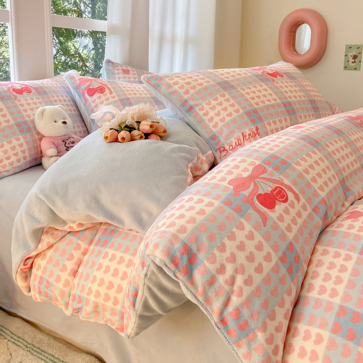 慕澄家纺 2025新款小清新牛奶绒印花四件套 心心相印