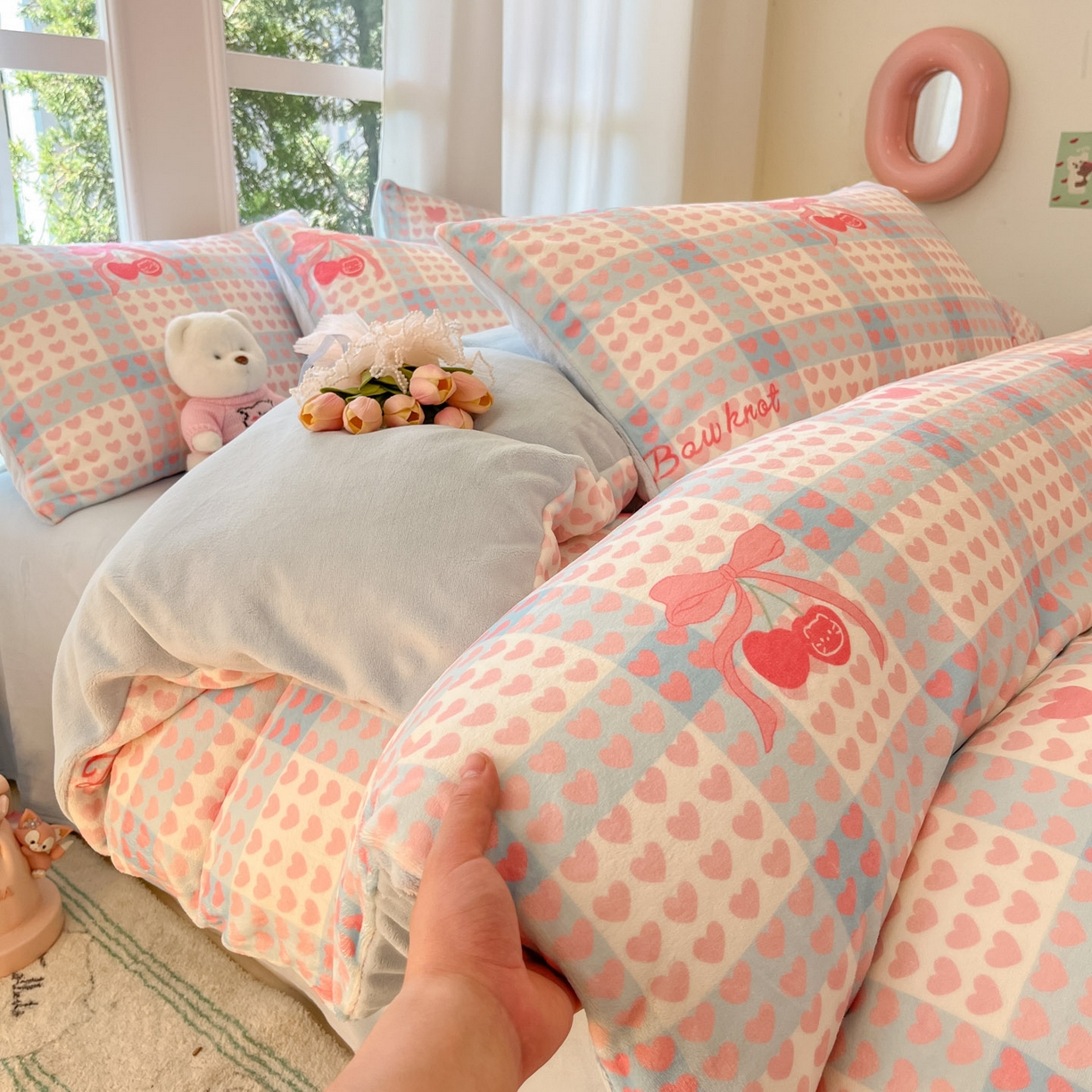 91家纺网 家纺一手货源 找家纺 慕澄家纺 2025新款小清新牛奶绒印花四件套 心心相印