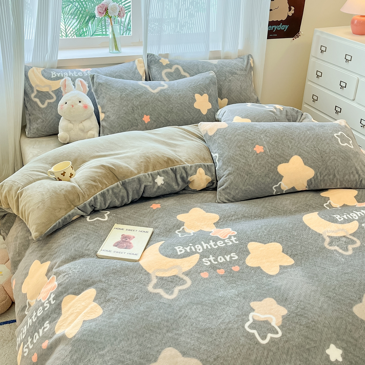 91家纺网 家纺一手货源 找家纺 慕澄家纺 2025新款小清新牛奶绒印花四件套 星星月亮