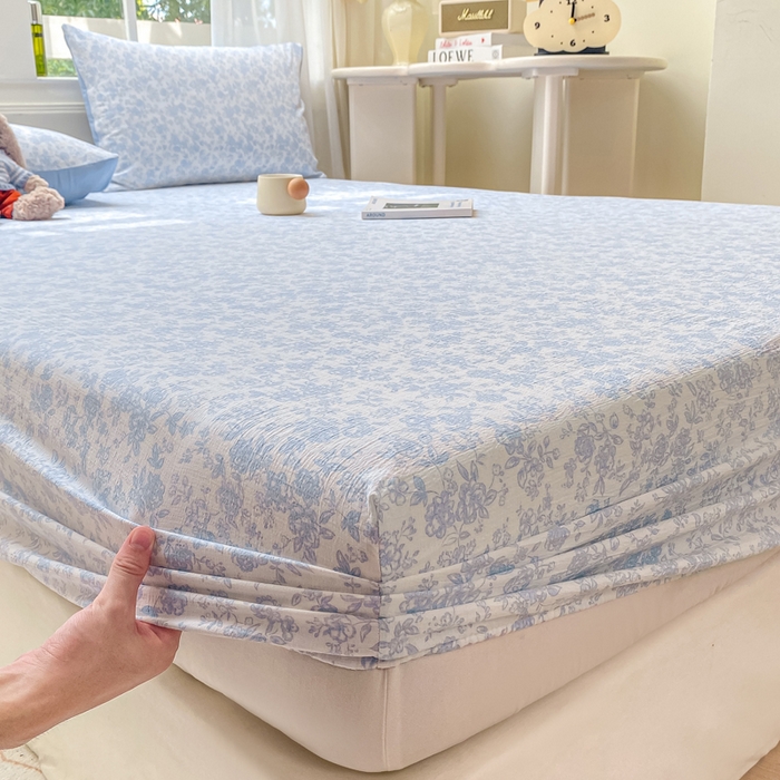 91家纺网 家纺一手货源 找家纺 朵朵家纺 2025新款超柔印花单床笠单品学生宿舍床垫保护套 床笠（床垫保护套可定制尺寸 ） 蓝色花园