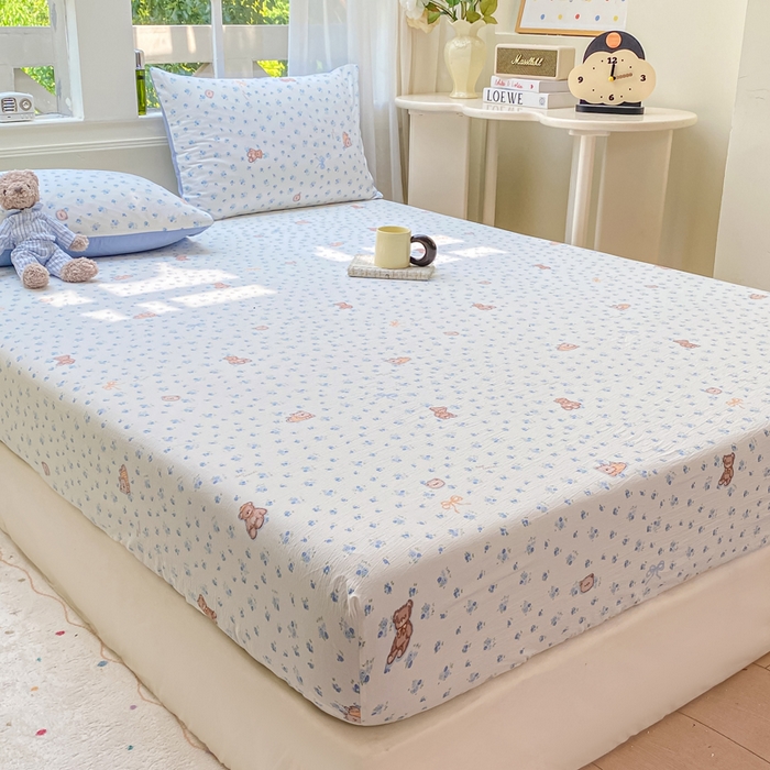 91家纺网 家纺一手货源 找家纺 朵朵家纺 2025新款超柔印花单床笠单品学生宿舍床垫保护套 床笠（床垫保护套可定制尺寸 ） 花町小能蓝