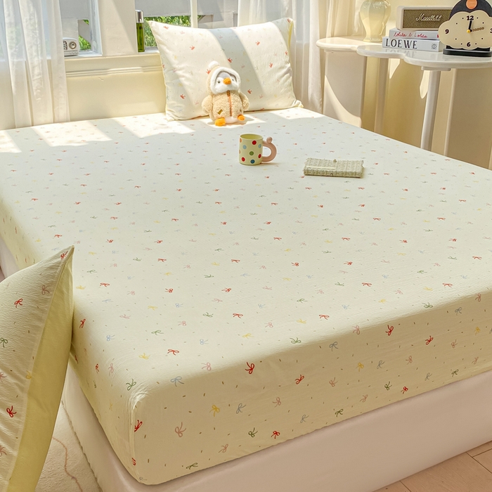 91家纺网 家纺一手货源 找家纺 朵朵家纺 2025新款超柔印花单床笠单品学生宿舍床垫保护套 床笠（床垫保护套可定制尺寸 ） 奶油蝴蝶结