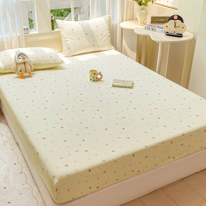 91家纺网 家纺一手货源 找家纺 朵朵家纺 2025新款超柔印花单床笠单品学生宿舍床垫保护套 床笠（床垫保护套可定制尺寸 ） 奶油蝴蝶结