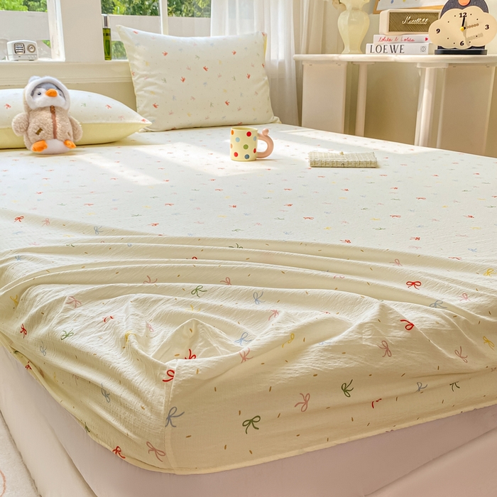 91家纺网 家纺一手货源 找家纺 朵朵家纺 2025新款超柔印花单床笠单品学生宿舍床垫保护套 床笠（床垫保护套可定制尺寸 ） 奶油蝴蝶结