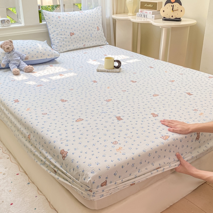 91家纺网 家纺一手货源 找家纺 朵朵家纺 2025新款超柔印花单床笠单品学生宿舍床垫保护套 床笠（床垫保护套可定制尺寸 ） 花町小能蓝