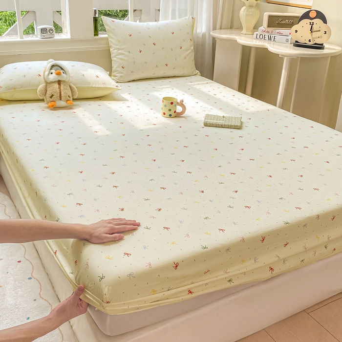 91家纺网 家纺一手货源 找家纺 朵朵家纺 2025新款超柔印花单床笠单品学生宿舍床垫保护套 床笠（床垫保护套可定制尺寸 ） 奶油蝴蝶结