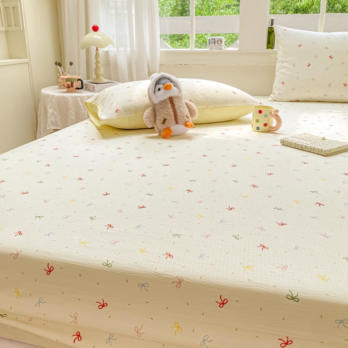 91家纺网 家纺一手货源 找家纺 朵朵家纺 2025新款超柔印花单床笠单品学生宿舍床垫保护套 床笠（床垫保护套可定制尺寸 ） 奶油蝴蝶结