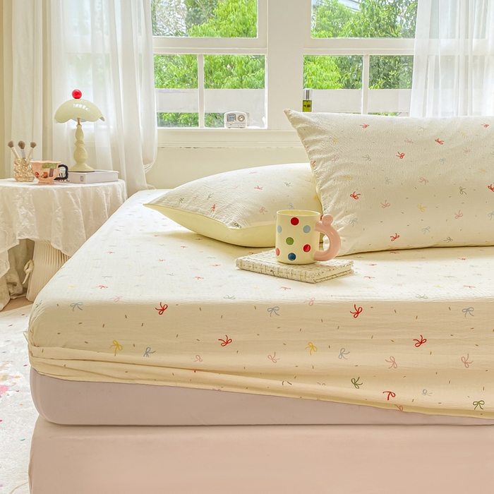 91家纺网 家纺一手货源 找家纺 朵朵家纺 2025新款超柔印花单床笠单品学生宿舍床垫保护套 床笠（床垫保护套可定制尺寸 ） 奶油蝴蝶结