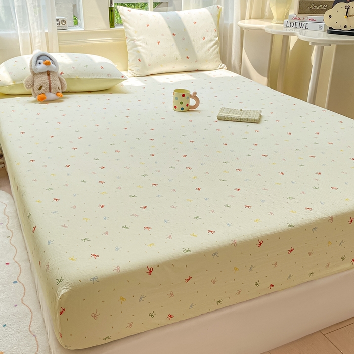91家纺网 家纺一手货源 找家纺 朵朵家纺 2025新款超柔印花单床笠单品学生宿舍床垫保护套 床笠（床垫保护套可定制尺寸 ） 奶油蝴蝶结