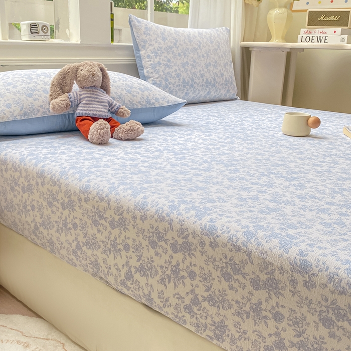 91家纺网 家纺一手货源 找家纺 朵朵家纺 2025新款超柔印花单床笠单品学生宿舍床垫保护套 床笠（床垫保护套可定制尺寸 ） 蓝色花园