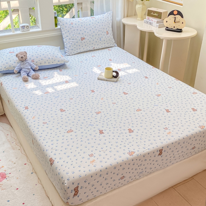 91家纺网 家纺一手货源 找家纺 朵朵家纺 2025新款超柔印花单床笠单品学生宿舍床垫保护套 床笠（床垫保护套可定制尺寸 ） 花町小能蓝