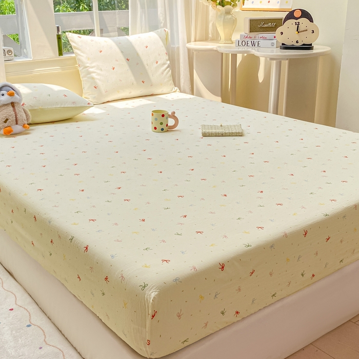 91家纺网 家纺一手货源 找家纺 朵朵家纺 2025新款超柔印花单床笠单品学生宿舍床垫保护套 床笠（床垫保护套可定制尺寸 ） 奶油蝴蝶结