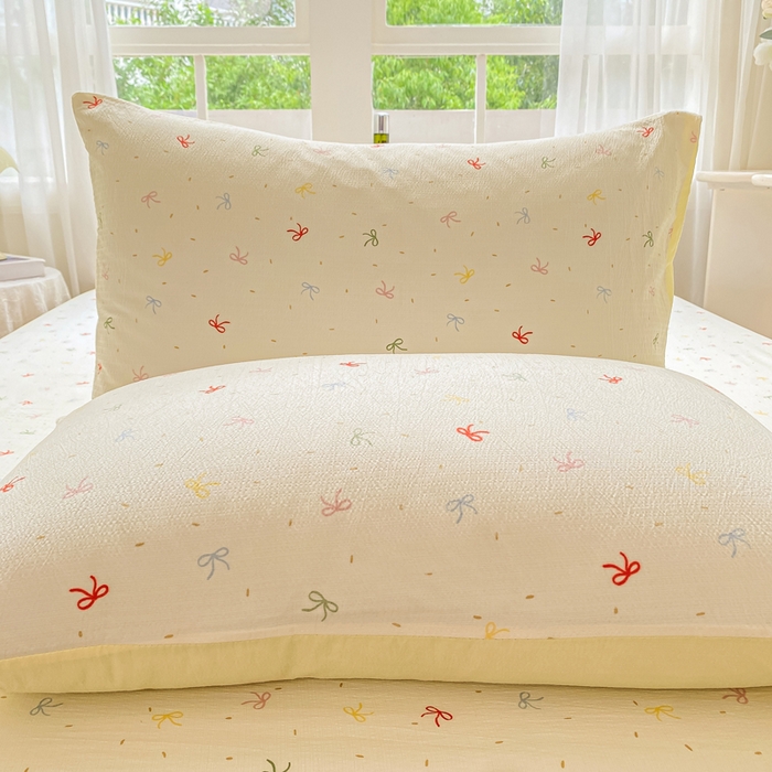 91家纺网 家纺一手货源 找家纺 朵朵家纺 2025新款超柔印花单床笠单品学生宿舍床垫保护套 床笠（床垫保护套可定制尺寸 ） 奶油蝴蝶结