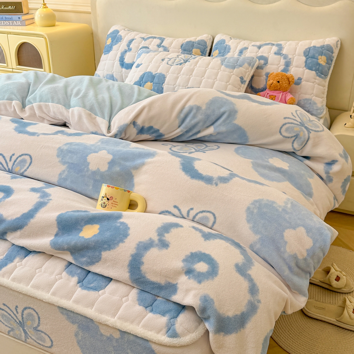 LIFE.丽芙 2025秋冬新款A类牛奶绒加厚夹棉床笠+被套组合四件套 花恋