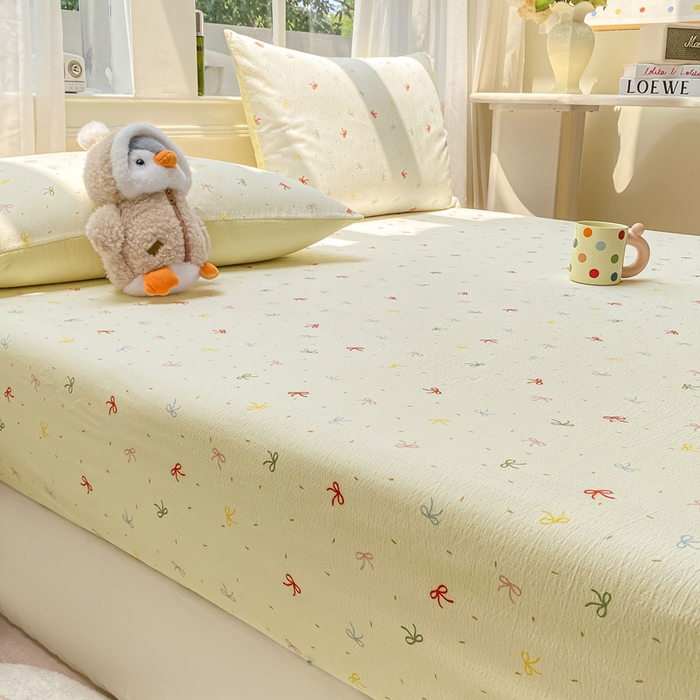 91家纺网 家纺一手货源 找家纺 朵朵家纺 2025新款超柔印花单床笠单品学生宿舍床垫保护套 床笠（床垫保护套可定制尺寸 ） 奶油蝴蝶结
