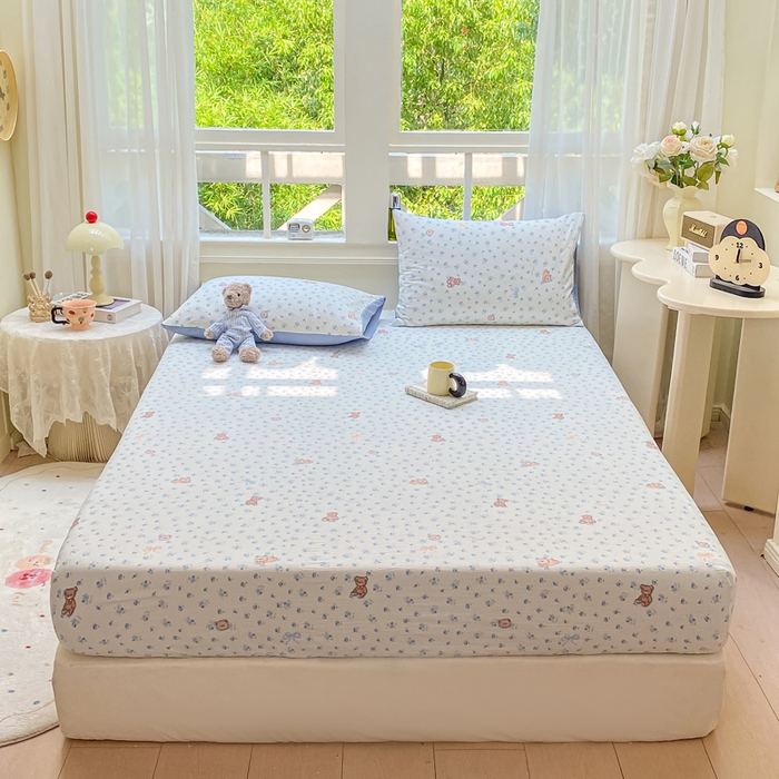 91家纺网 家纺一手货源 找家纺 朵朵家纺 2025新款超柔印花单床笠单品学生宿舍床垫保护套 床笠（床垫保护套可定制尺寸 ） 花町小能蓝