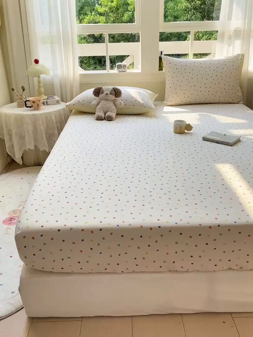 91家纺网 家纺一手货源 找家纺 朵朵家纺 2025新款超柔印花单床笠单品学生宿舍床垫保护套 床笠（床垫保护套可定制尺寸 ） 幻彩波点